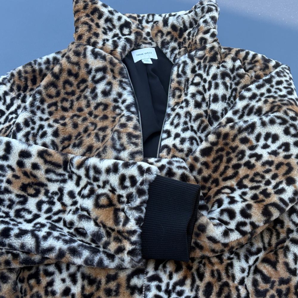 Nine West Leopard Print Faux Fur Bomber Jacket - Black, Brown, Cream